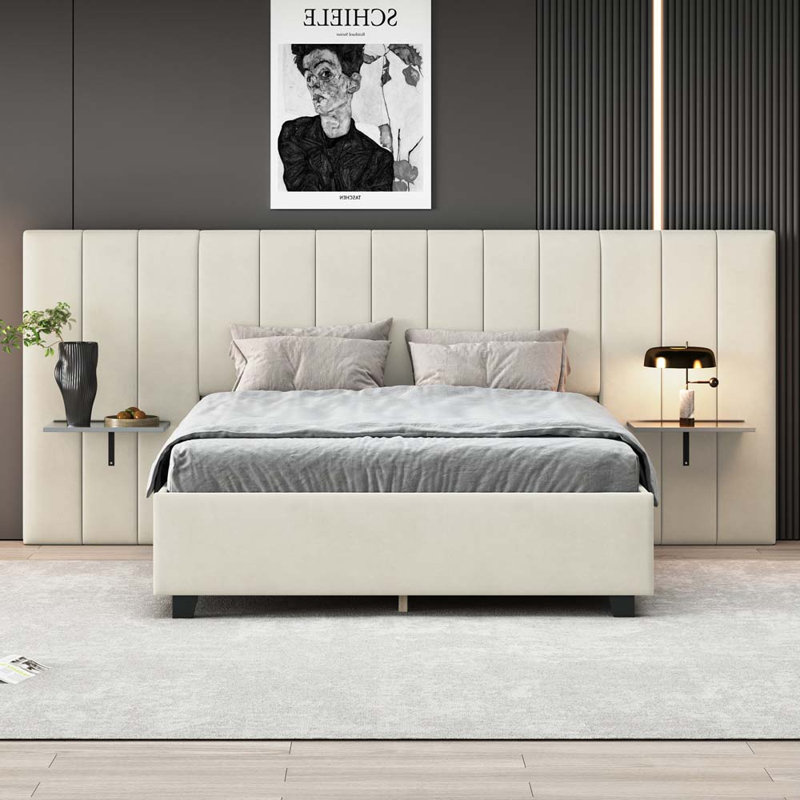 Jackielyn Upholstered Platform Bed with Big Headboard Panel Bed, Queen, Beige