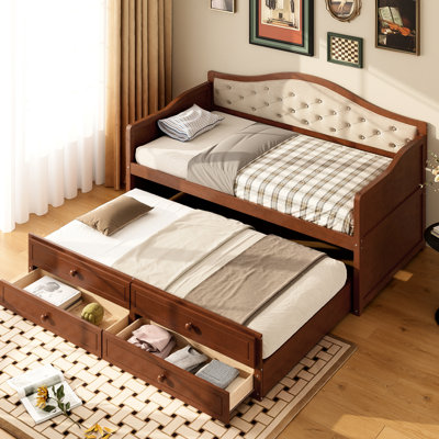 Lit de jour simple avec lit gigogne et 2 espaces de rangement, noyer rembourré à boutons pour pièces fonctionnelles, unités de lit élégantes