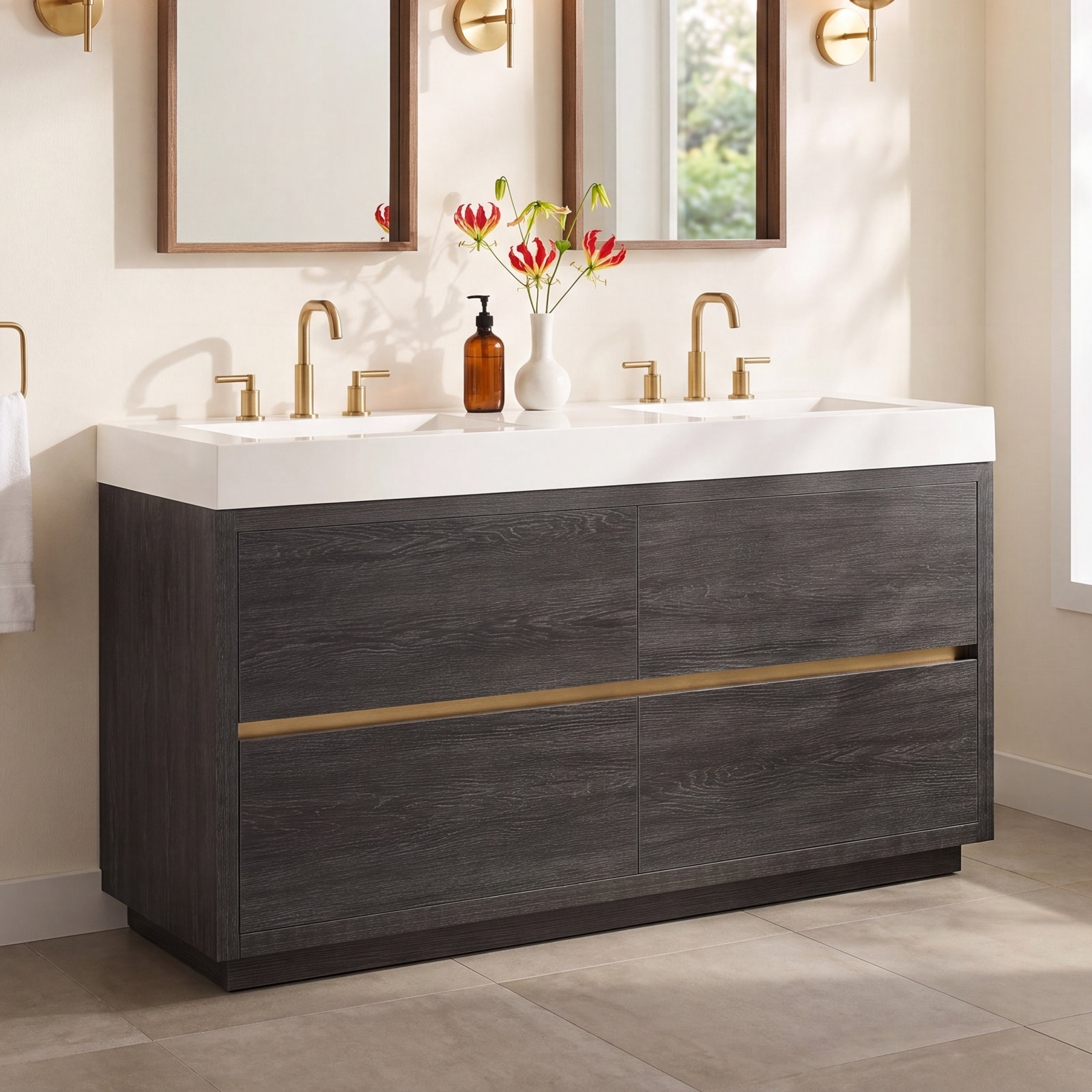 Beira 59.8'' Double Bathroom Vanity, White, North American Black Oak