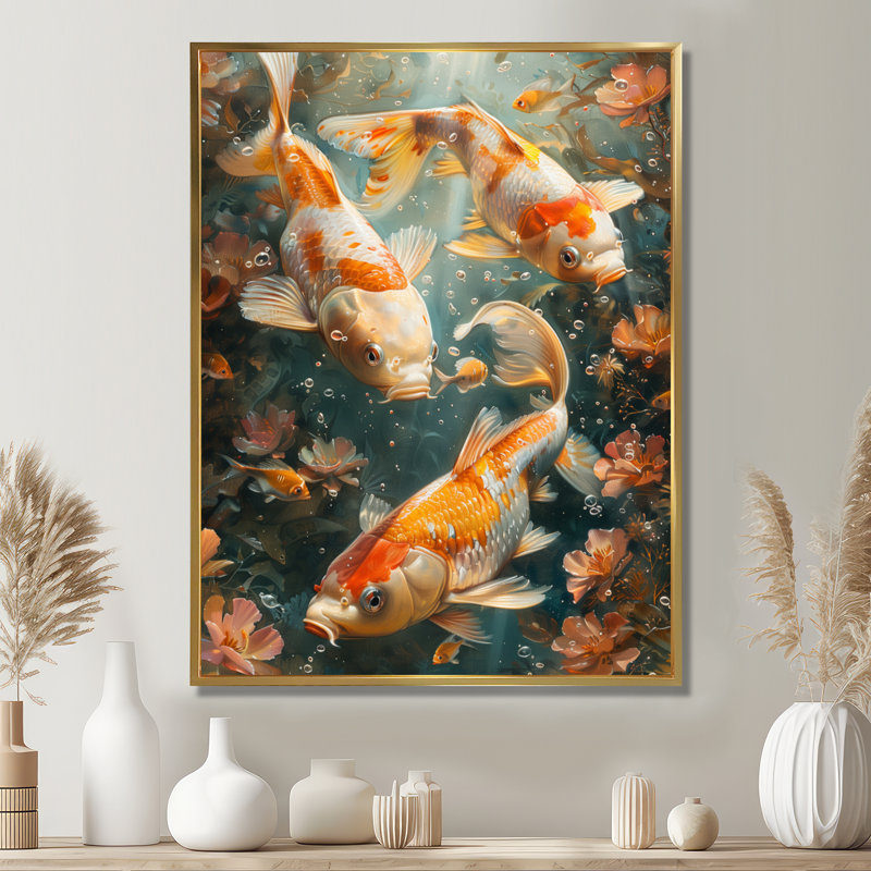 Orange, corail, blanc, poisson koi, merveille - aquariums, art mural, salon, White Floater Framed, H 24 po x l 32 po