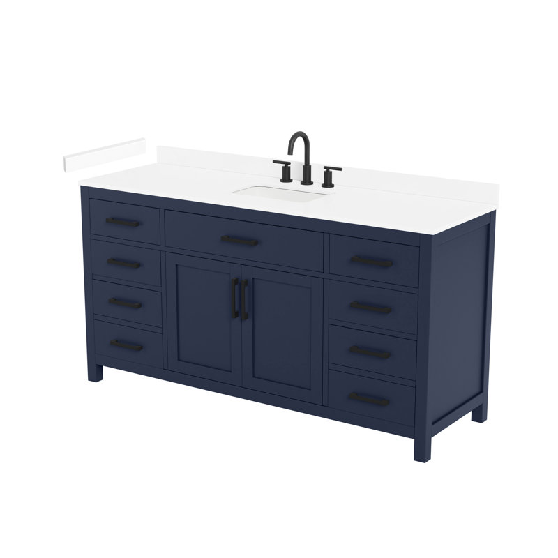 Ensemble de meuble-lavabo simple 66 po Beckett, Dark Blue with Matte Black Trim, Comptoir en marbre de culture blanc