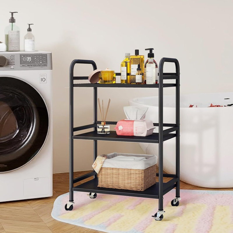 Chariot de rangement roulant à 3 niveaux avec tablettes à cadre en métal, chariot utilitaire multifonctionnel robuste avec roues verrouillables pour la maison, le bureau, la cuisine, la salle de bain ou la chambre à coucher - noir