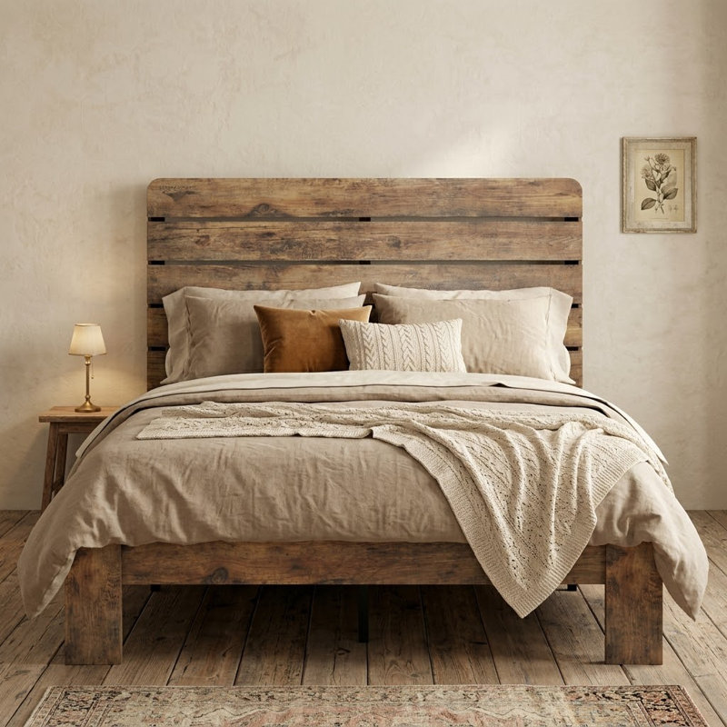 Industrial Farmhouse Style Queen Size Wooden Platform Bed - No Box Spring Needed, Queen