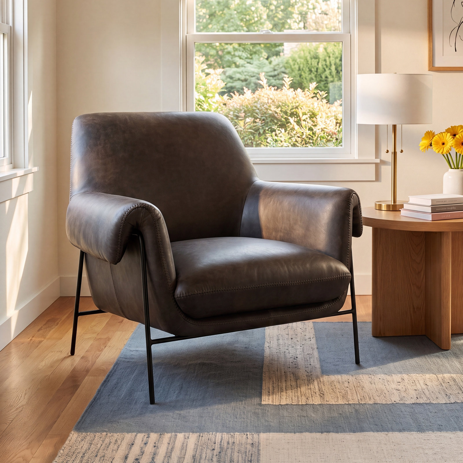 Genuine Leather Club Chair, Charcoal Top Grain Leather