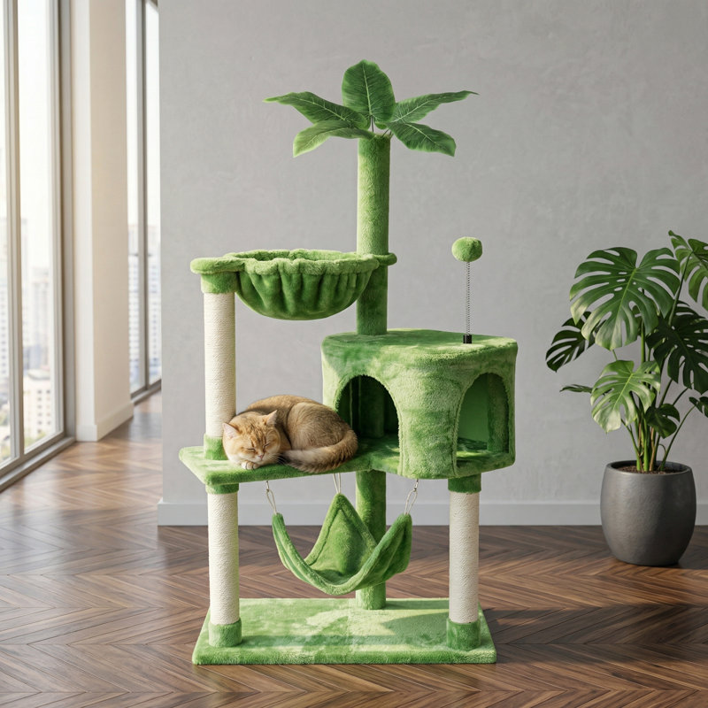 Arbre à chat avec poteau à griffer en sisal, hamac, perchoir, jouets pour chaton, centre d'activités pour animaux à plusieurs niveaux, vert