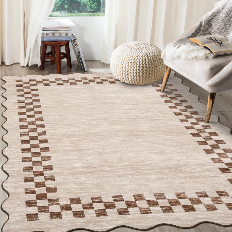 Scalloped Area Rugs Modern Bordered Accent Carpet,Non-Slip Floor Cover,Stain-Resistant Indoor Mat for Bedroom,Kitchen,Living Room