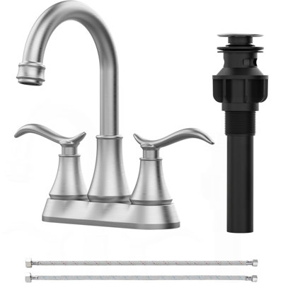 Bathroom Faucet Brushed Nickel With Pop-Up Drain & Supply Hoses 2-Handle 360 Degree High Arc Swivel Spout Centerset 4 Inch Vanity Sink Faucet