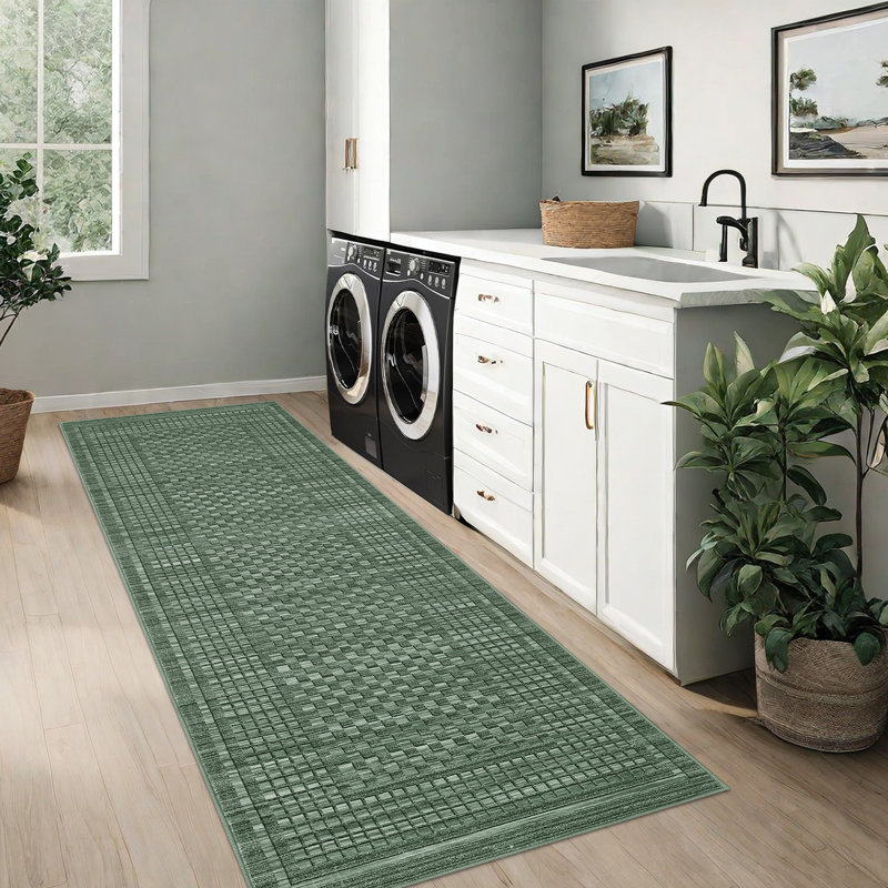 Tapis lavable à motif écossais pour salon et salle à manger, Green, Runner 2' x 8'