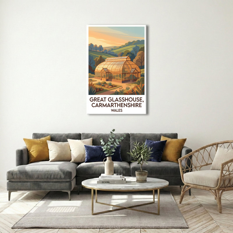 Great Glasshouse, Carmarthenshire, Wales - Romantic Travel Poster Of Glasshouse And Rolling Hills. Giclee Print On Wrapped Canvas. Wall Art, Home Decor - Iconic Buildings & Architecture, Wales - Wrapped Canvas Print
