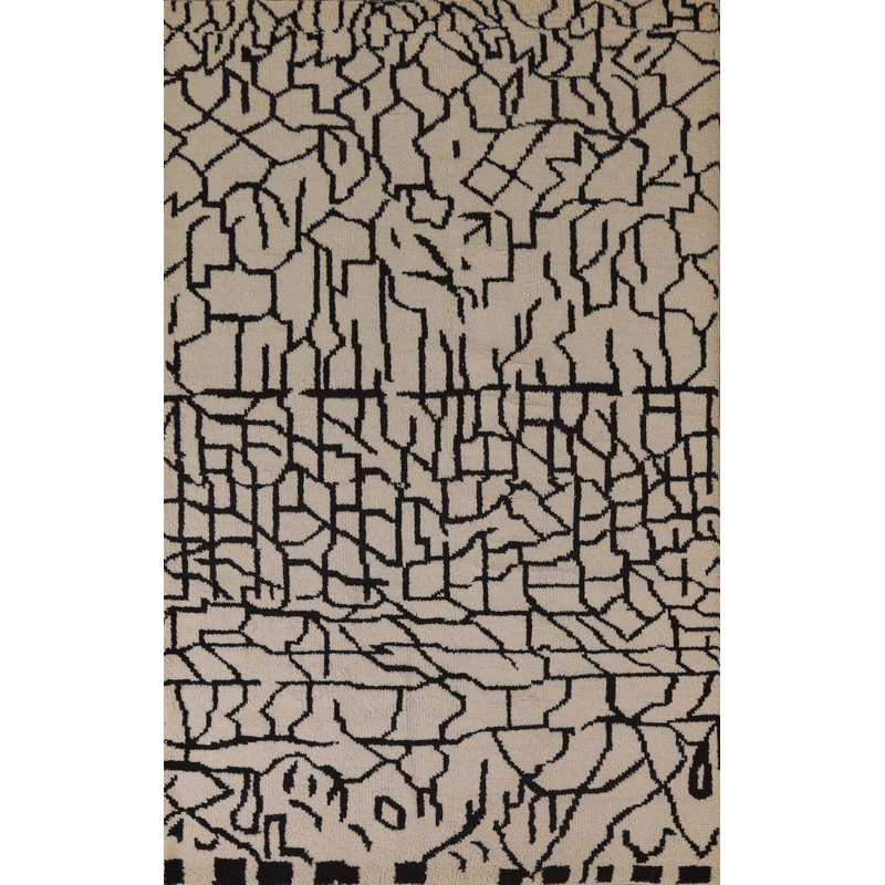 Tapis beige en laine noué à la main de conception unique 5 pi 2 po x 7 pi 7 po New Age