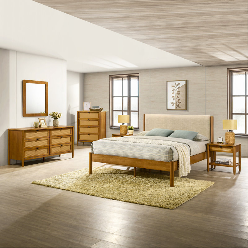 Ensemble de chambre à coucher 6 pièces en bois d'hévéa avec commode, miroir, table de chevet et commode Vichy