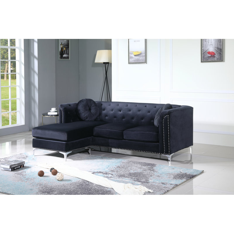 Emmerich Velvet L-Shaped Sectional Reversible, Black