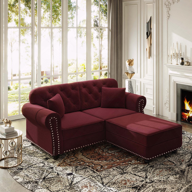 Velours Chesterfield canapé garniture cloutée capitonnée, Bourgogne