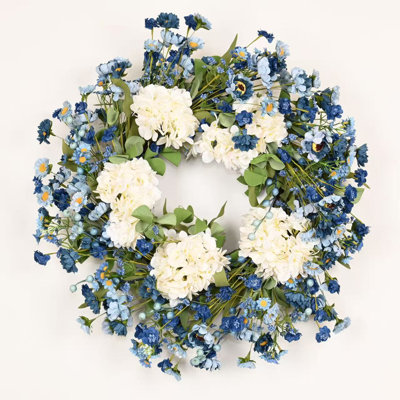 24" Artificial Farmhouse Spring Summer Greenery Leaves Berry Hydrangea Daisy Front Door Wreath