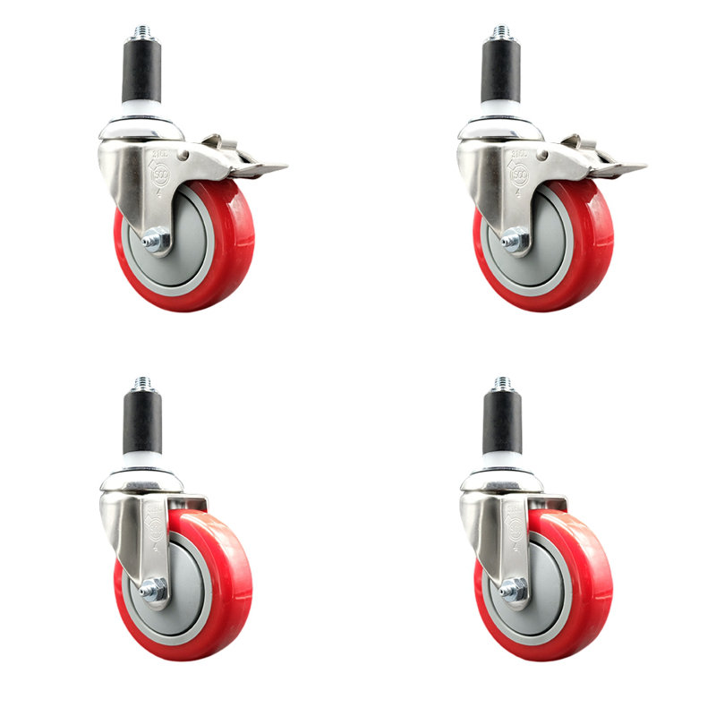 Ensemble de 4 roulettes extensibles à tige pivotante en polyuréthane rouge de 4 pouces et 1 3/8 pouce