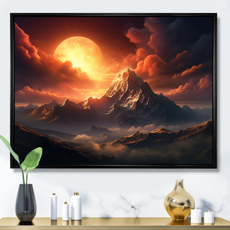 Paysage lunaire de montagne III - Art mural paysages spatiaux, Cadre flottant noir, H 16 po x l 32 po x P 1 po