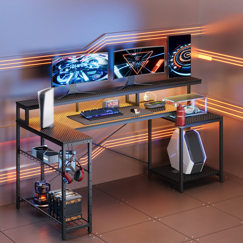 181Cm Rectangular Computer Desk with Power Outlets, L Shaped LED Office Desk with Long Monitor Stand, Black