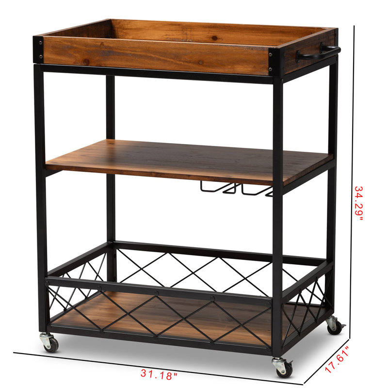 Capri Rustic Oak and Black Metal Mobile Bar Cart with Wine Storage