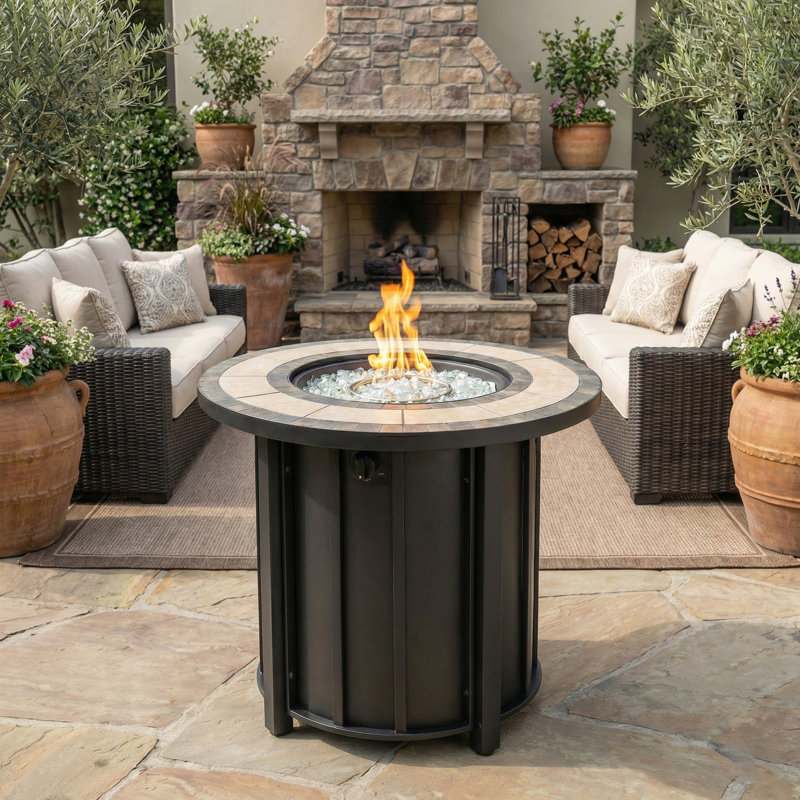 Outdoor Round Steel Propane Fire Pit Table - 26" H x 30" W, Mosaic Tabletop, Metal Lid, Glass Rocks & Hideaway Gas Tank Area