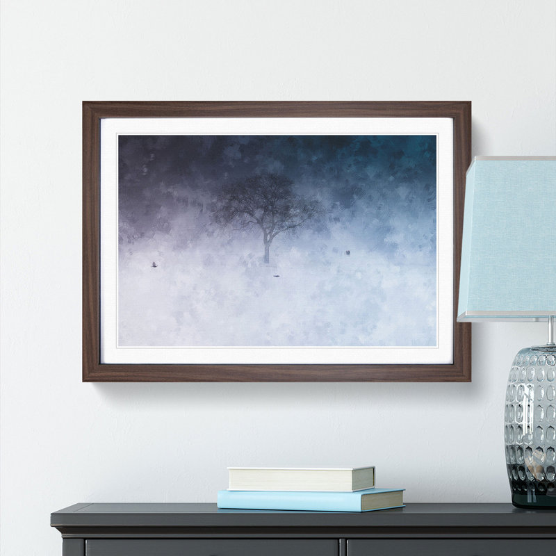 Birds Passing A Tree In Geneva Painting - Single Picture Frame Print on MDF, 24cm H x 33cm W x 2cm D, Walnut
