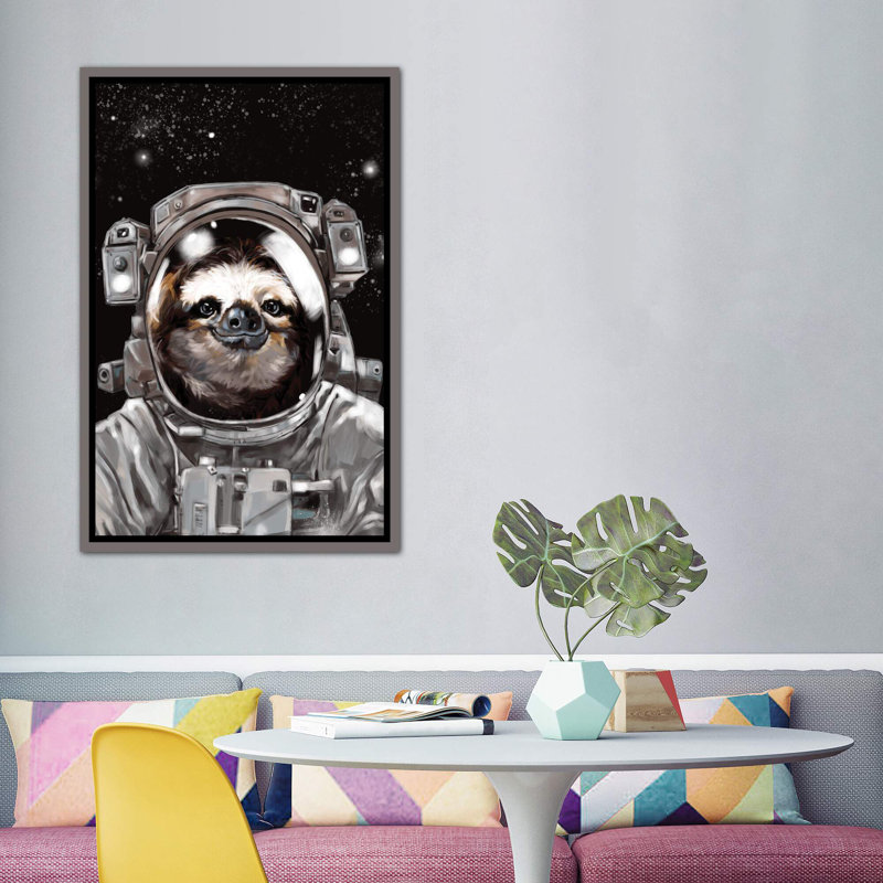 « astronaute sloth selfie », art, H 60 po x l 40po x P 1,5 po, Toile encadrée de bois rustique foncé