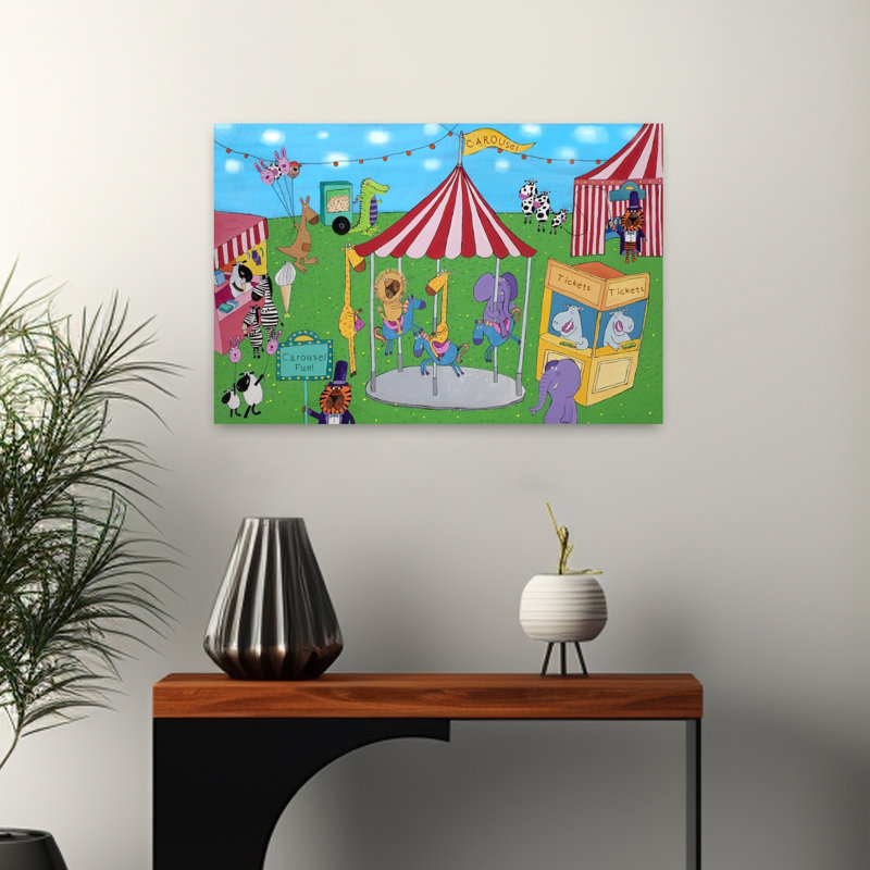 Animals Carousel Fun Playful Whimsical Contemporary Alligator Cow Elephant Animal Architecture Wall Art Print 1 Piece Wrapped Canvas Wall Art