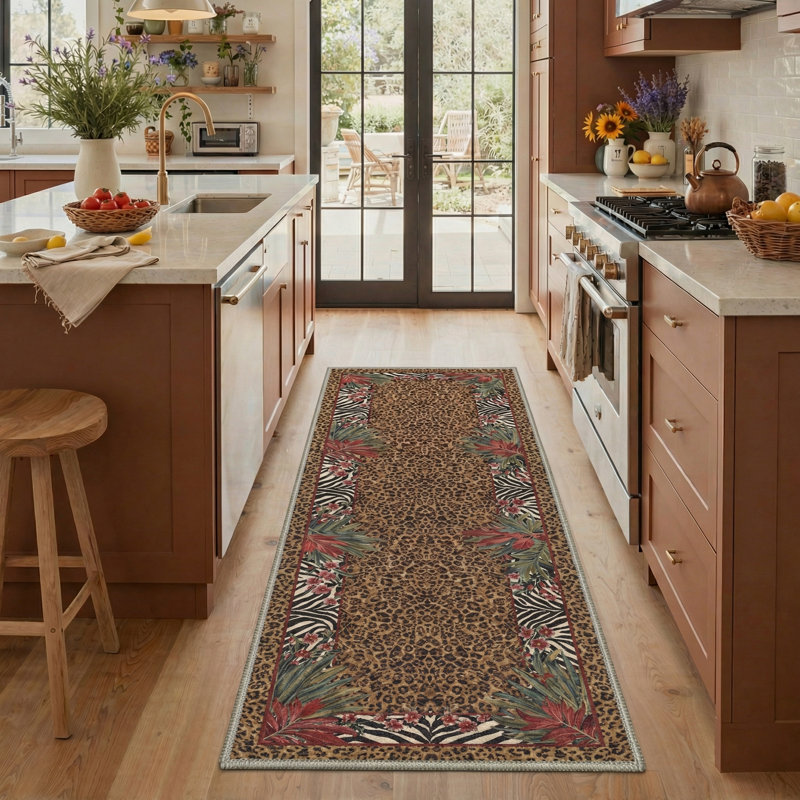Alissa Aura Animal Print Floral Machine Washable Brown / Black / Green / Red Indoor Area Rug with Non-Slip Backing
