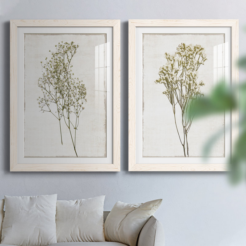 «Farmhouse Pressed Flower I», ensemble de 2 impressions, H 31,5 po x l 47 po x P 1,5 po, Papier encadré blanc