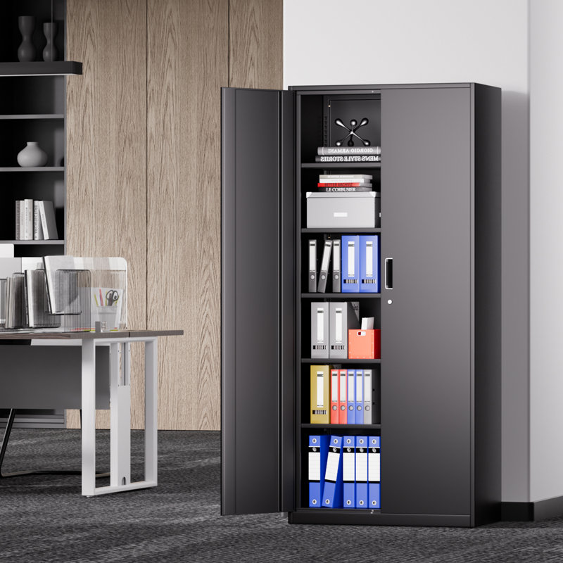 71" Lockable Heavy Duty Metal Storage Cabinet W/ 5 Adjustable Shelves, Black