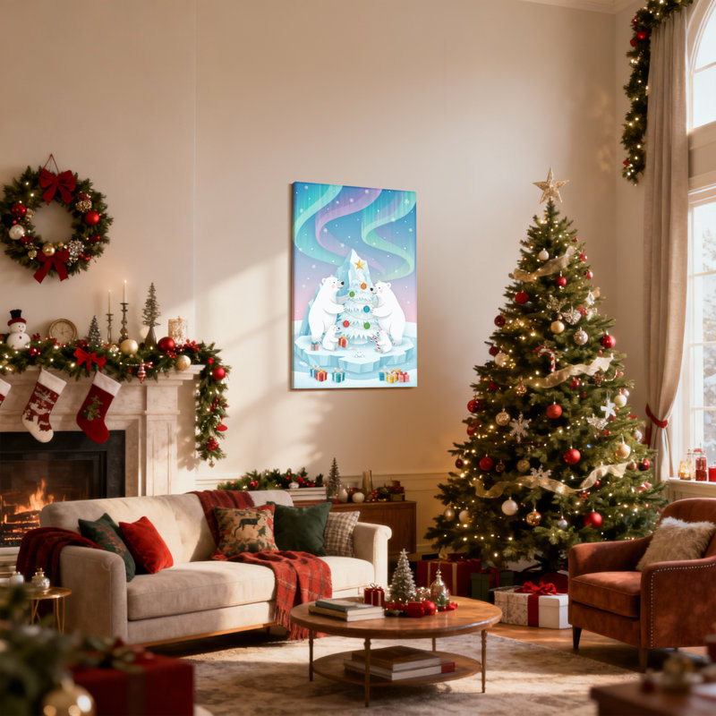 Ours polaires de Noël décorent un arbre de Noël avec des cadeaux, ensemble de 3 impressions sur toile, H 24 po x l 16 po