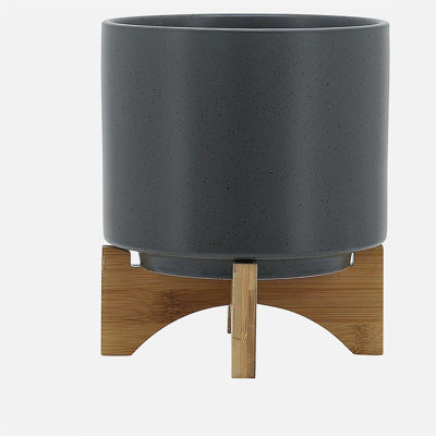 8" PLANTER W/ WOOD STAND, MATTE GRAY