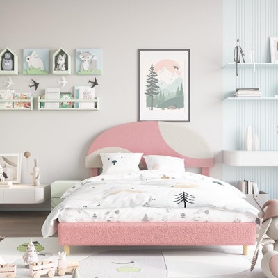 Cadre de lit double rembourré Modern - tête de lit Boucle en forme d'arche rose et beige clair - lattes de bois, aucun sommier nécessaire - rose avec couleur beige clair