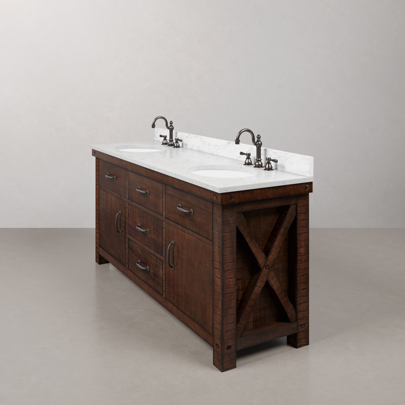 Aberdeen 72 In. Double Sink Blue Limestone Countertop Vanity In Rustic Sierra With Mirrors, Carrara White, Rostic Sienna