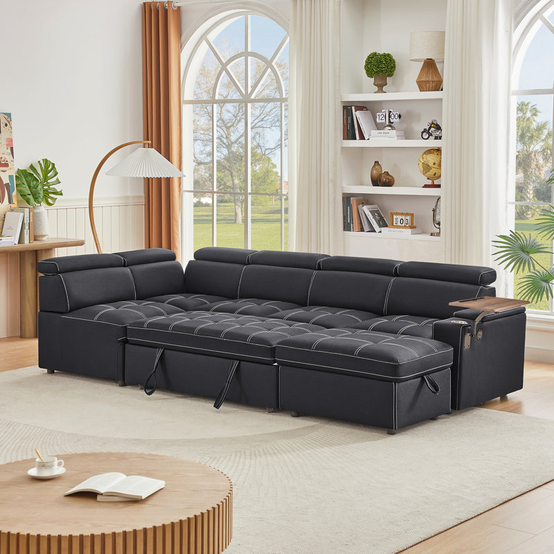 Canapé modulaire en tissu avec repose-pieds avec rangement, Tissu noir