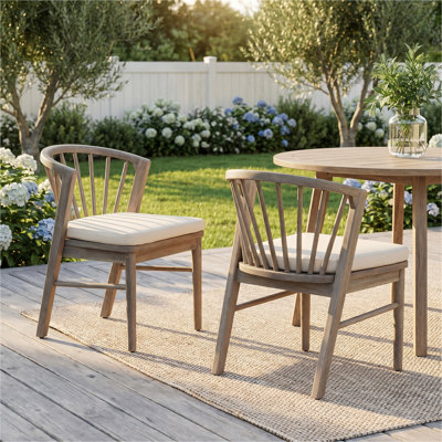 Ensemble de 2 chaises de salle à manger d'extérieur, chaises de patio en bois d'acacia avec coussin lavable crème, pour cour, piscine et jardin