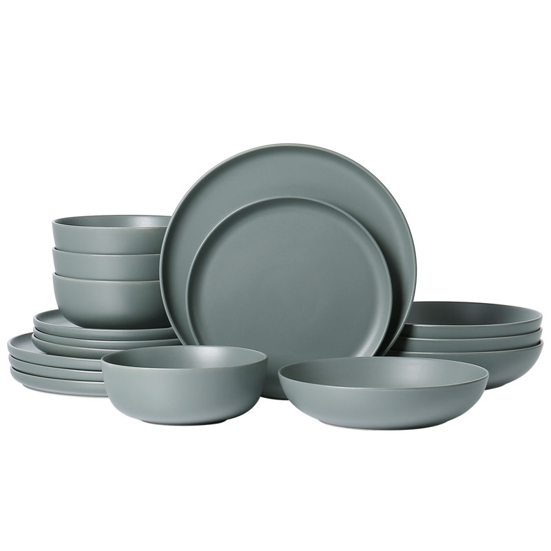Service de table en grès 16 pièces ALOFMO Pure avec bol à pâtes - Service pour 4, Vert