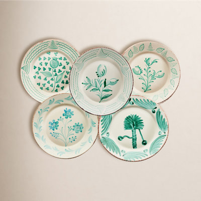 Casa Nuno Green and White Dinner Plates, Mixed Patterns, Set of 10