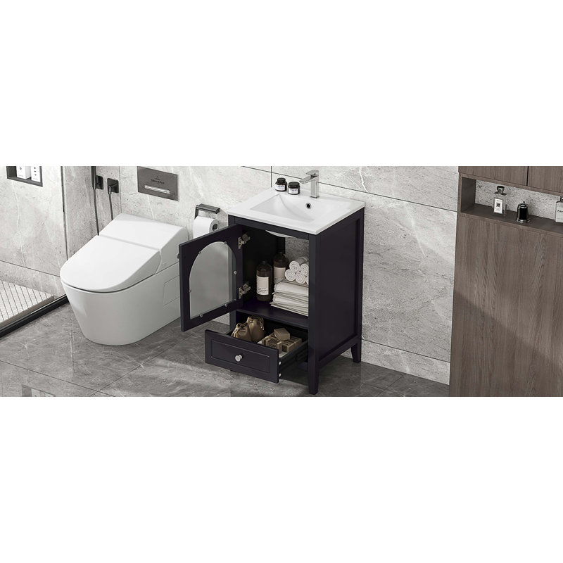 20" Black MDF Bathroom Vanity with Ceramic Sink and Glass Door
