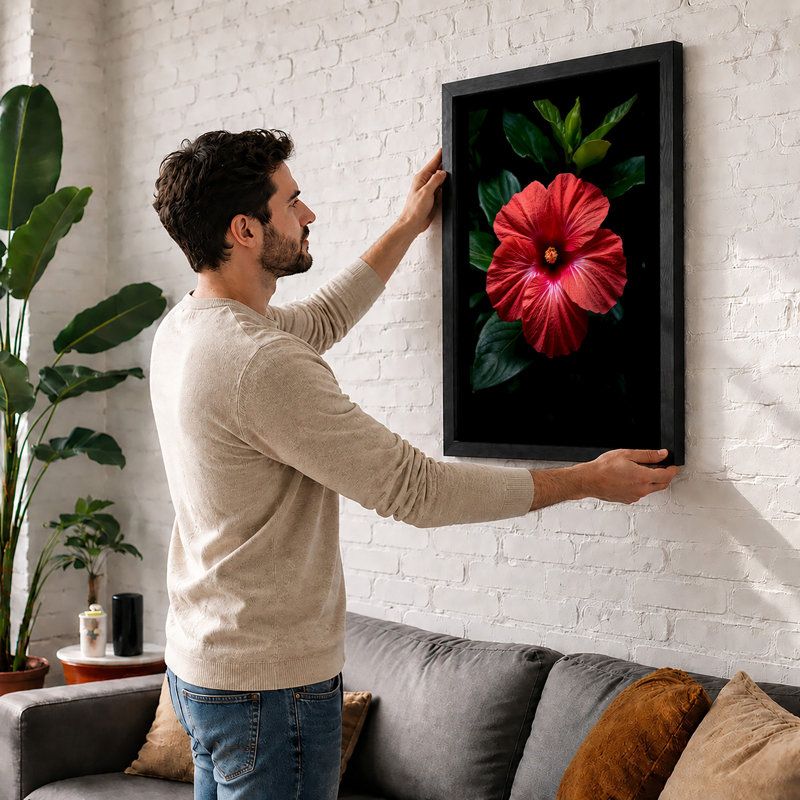 Glowing Hibiscus Botanical - Framed Print, A2 - 59.4 x 42.0 cm, Oak