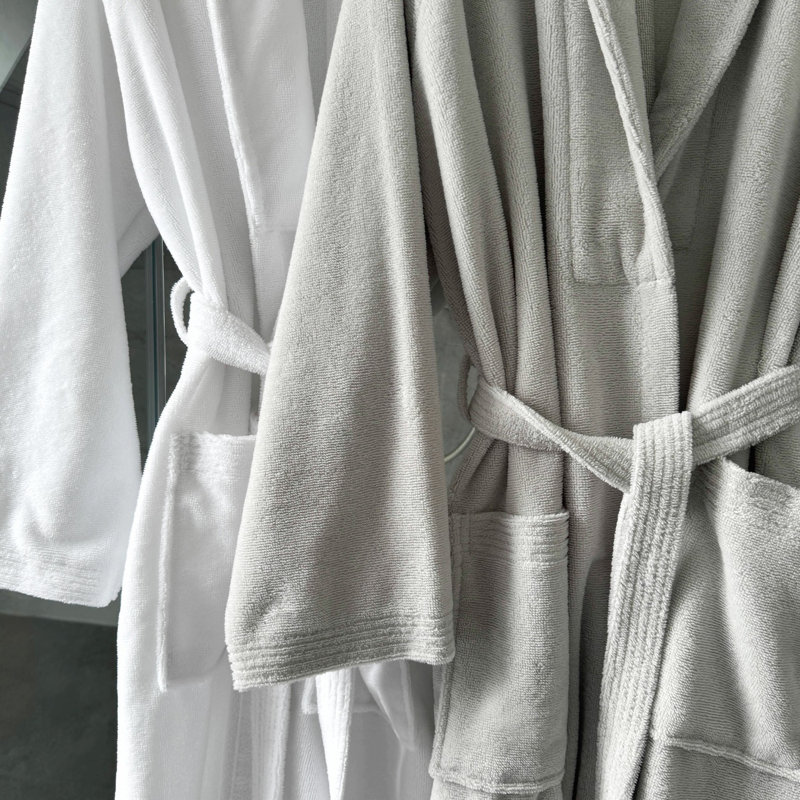 Cotton Blend Mid-Calf Bathrobe with Pockets, S/M, Grey