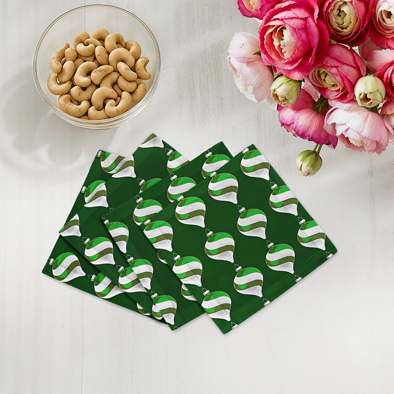 Xmas Ornament Cotton Sateen Cocktail Napkins, Green