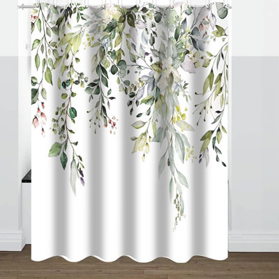 Watercolor Greenery 4 Piece Shower Curtain Set With Rugs, Bath Mats & Toilet Lid Cover, White