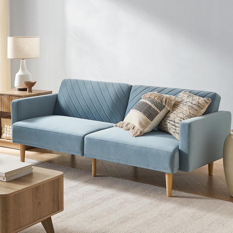 Twin 76.8'' Velvet Convertible Sofa, Sky Blue Velvet