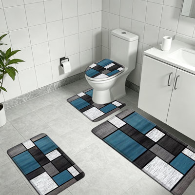 Polyester carpet set 47 Inch Checkered Bathroom Rug Set 4 Piece With U Shape Contours Mat Non Slide Soft Absorbent Washable Bath Mats For Toilet Tub Shower Floor Home Decor 4Pc Set