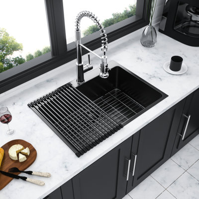 Drop In Kitchen Sink 30", Gunmetal Black Stainless Steel, 30X22 Inch, 16 Gauge, Smooth Inner Surface, Drain Assembly 30" Single Bowl Sink, Gauge Quick Drainage, Rust- Surface