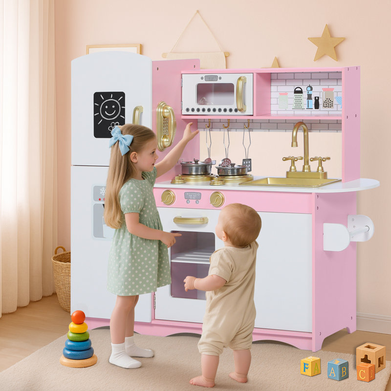 Wooden Kids Play Kitchen, Toy Kitchen Playset for Toddler, Pretend Oven, Microwave, Realistic Kitchen Sets for Boys Girls Age 3+