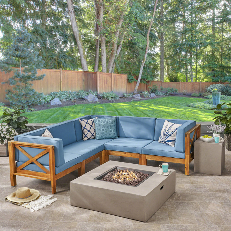 5 - Person Modular Patio Conversation Set with Cushions, Teak Frame / Blue Cushion