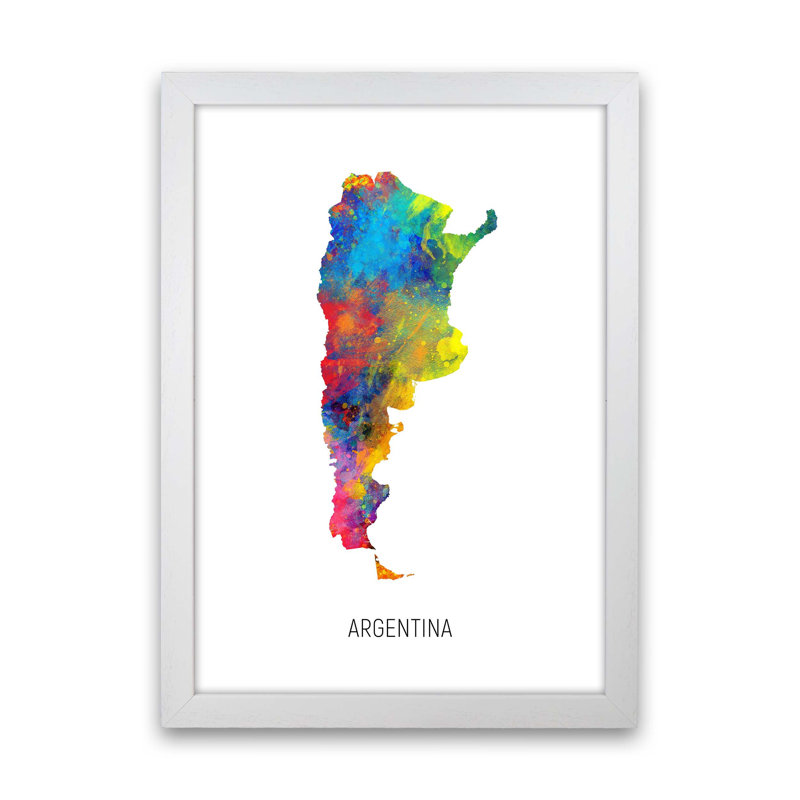 Argentina Watercolour Map by Michael Tompsett - Print, White Framed, 63cm H x 46cm W x 3cm D