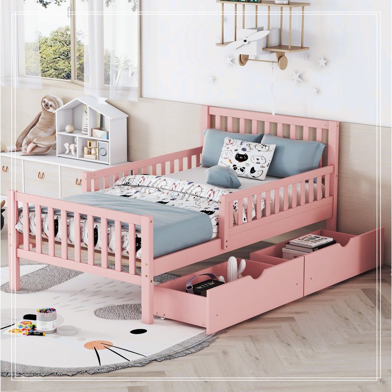 Twin Wood Platform Bed with Guardrails on Both Sides and Two Storage Drawers