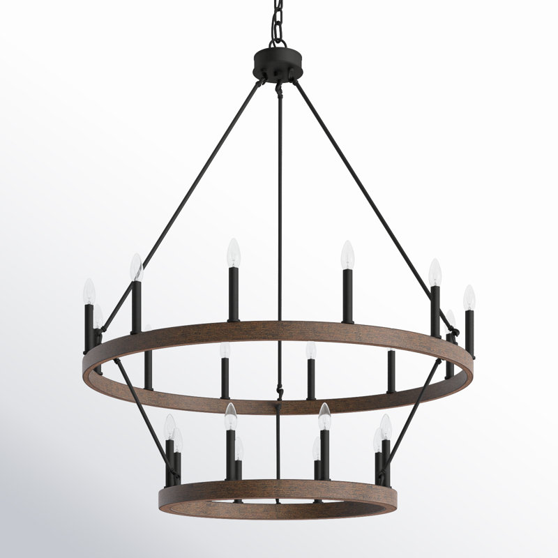 Adriana 20 - Light Steel Dimmable Wagon Wheel Chandelier, Weathered Walnut/Matte Black